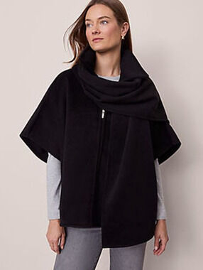 NEW ANN TAYLOR BLACK ZIP SCARF PONCHO COAT SZ XS/S